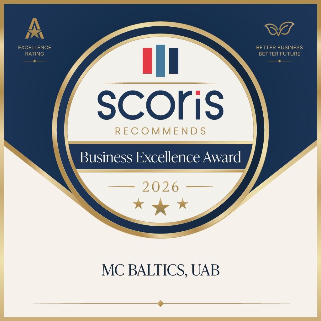 Scoris Business Excellence Award 2026 certificate issued to MC Baltics UAB